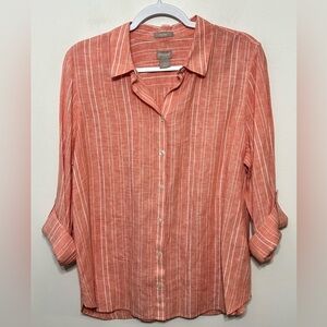 Chicos Linen No Iron Roll Tab Sleeve Button Up Shirt